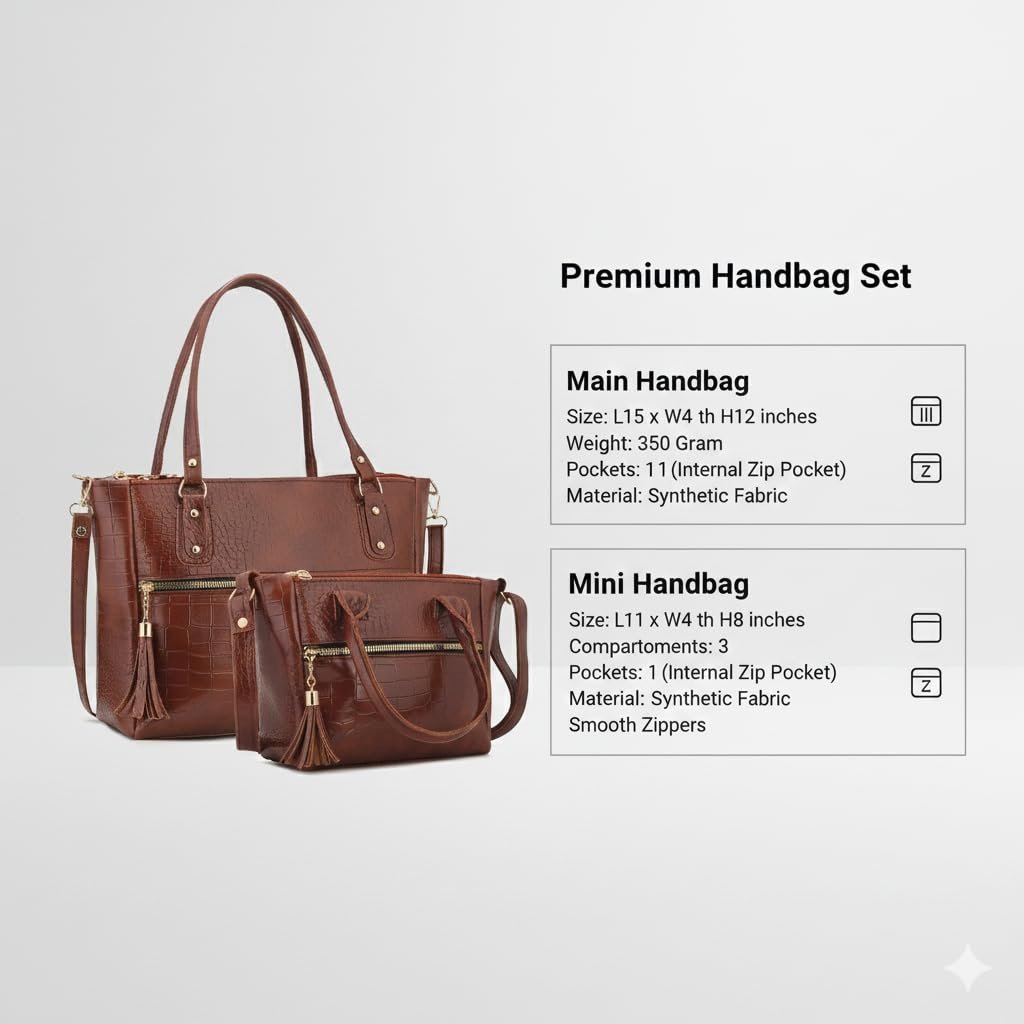 AVÉRAA Women Handbag Combo Set (Medium + Mini) Croco Texture Faux Leather Handbag & Sling Bag, Spacious Zipper Closure, Adjustable Strap, Office Travel Shopping Shoulder Bags for Women (Brown/Black) - Image 5