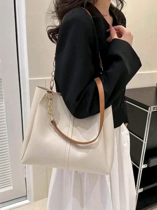GALAXY FASHION POINT Luxury Women’s Handbag Tote – Premium PU Leather Shoulder Bag with Chain Strap, Spacious Stylish Office & Casual Use Purse (Beige & Brown) - Image 7
