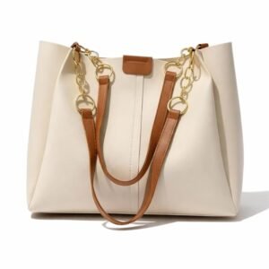 GALAXY FASHION POINT Luxury Women’s Handbag Tote – Premium PU Leather Shoulder Bag with Chain Strap, Spacious Stylish Office & Casual Use Purse (Beige & Brown)