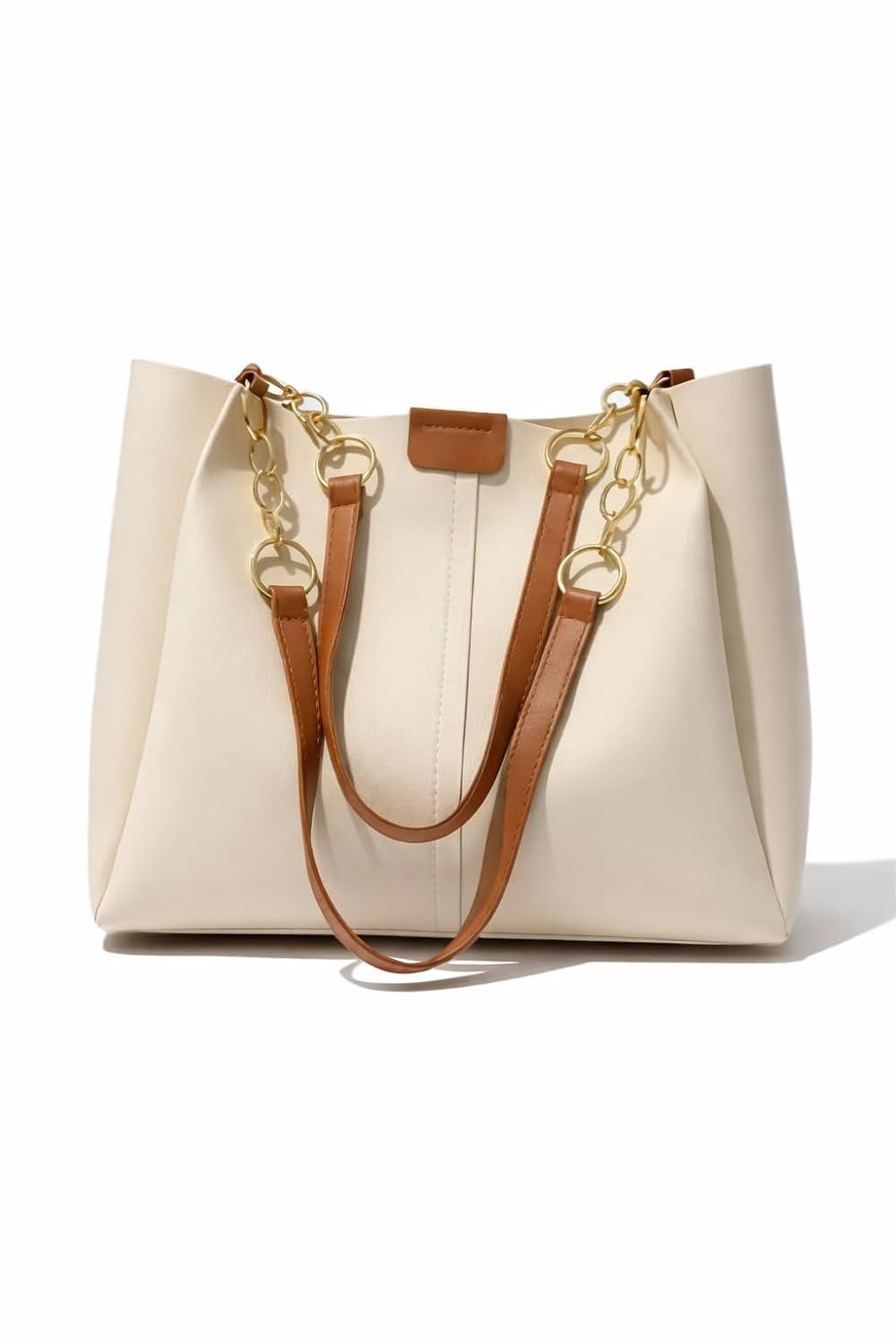 GALAXY FASHION POINT Luxury Women’s Handbag Tote – Premium PU Leather Shoulder Bag with Chain Strap, Spacious Stylish Office & Casual Use Purse (Beige & Brown)