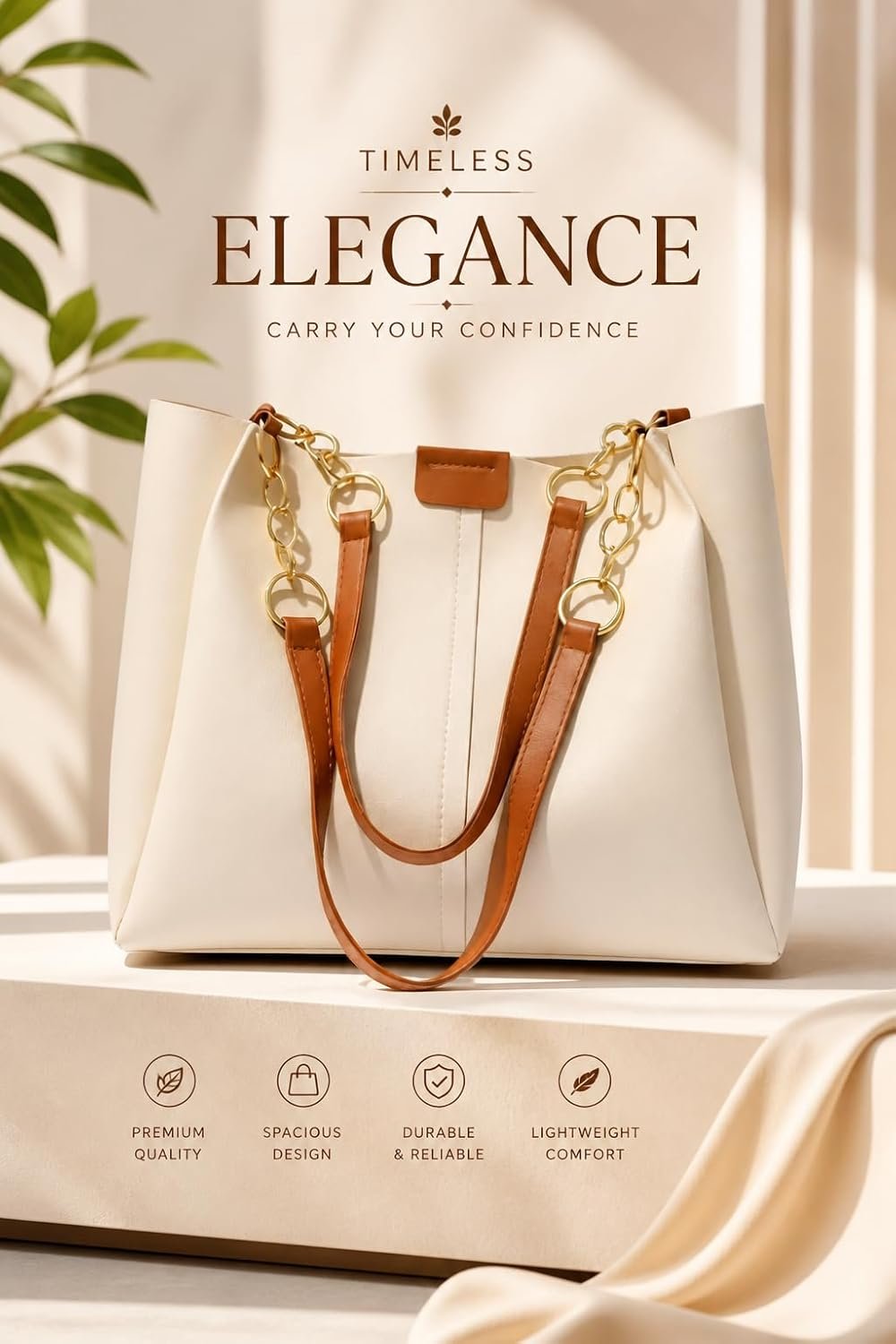 GALAXY FASHION POINT Luxury Women’s Handbag Tote – Premium PU Leather Shoulder Bag with Chain Strap, Spacious Stylish Office & Casual Use Purse (Beige & Brown) - Image 4