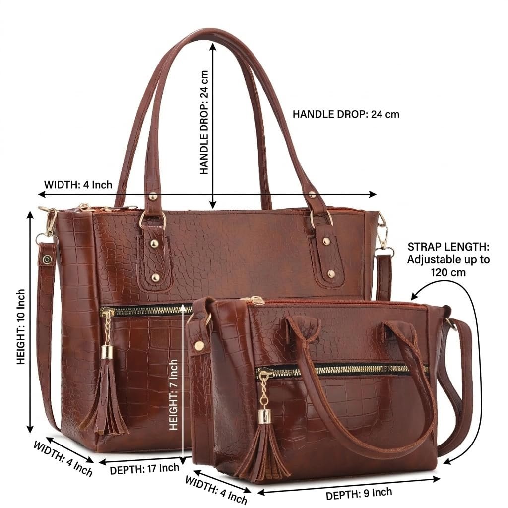 AVÉRAA Women Handbag Combo Set (Medium + Mini) Croco Texture Faux Leather Handbag & Sling Bag, Spacious Zipper Closure, Adjustable Strap, Office Travel Shopping Shoulder Bags for Women (Brown/Black) - Image 3
