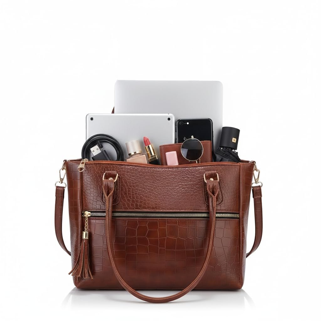 AVÉRAA Women Handbag Combo Set (Medium + Mini) Croco Texture Faux Leather Handbag & Sling Bag, Spacious Zipper Closure, Adjustable Strap, Office Travel Shopping Shoulder Bags for Women (Brown/Black) - Image 4