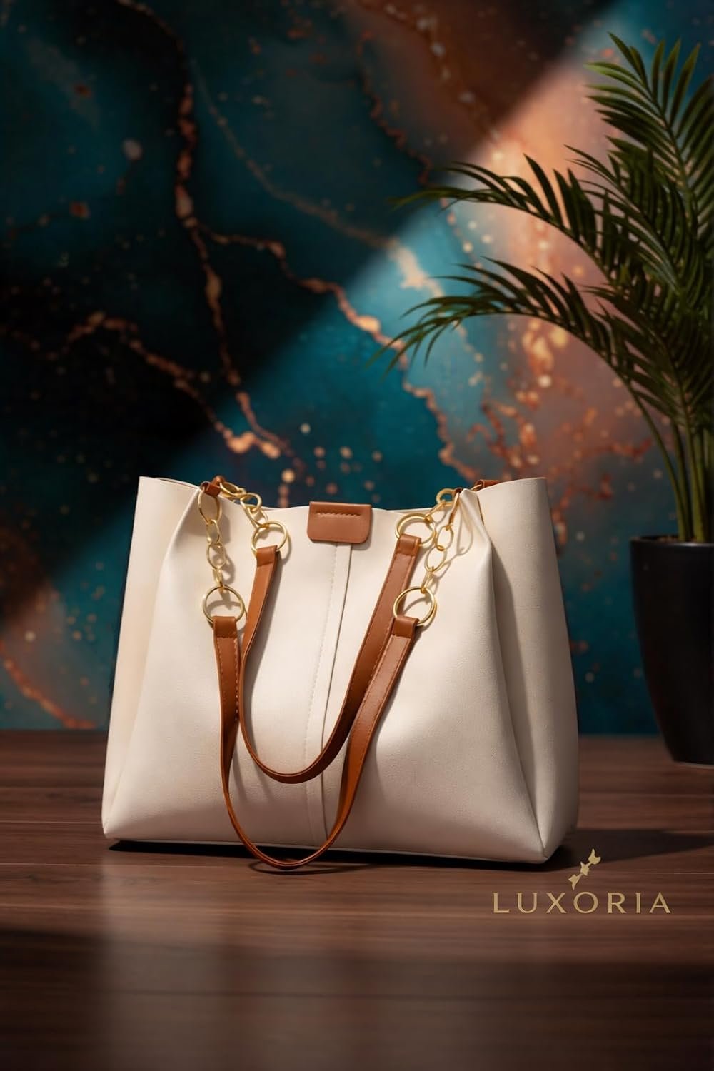 GALAXY FASHION POINT Luxury Women’s Handbag Tote – Premium PU Leather Shoulder Bag with Chain Strap, Spacious Stylish Office & Casual Use Purse (Beige & Brown) - Image 2