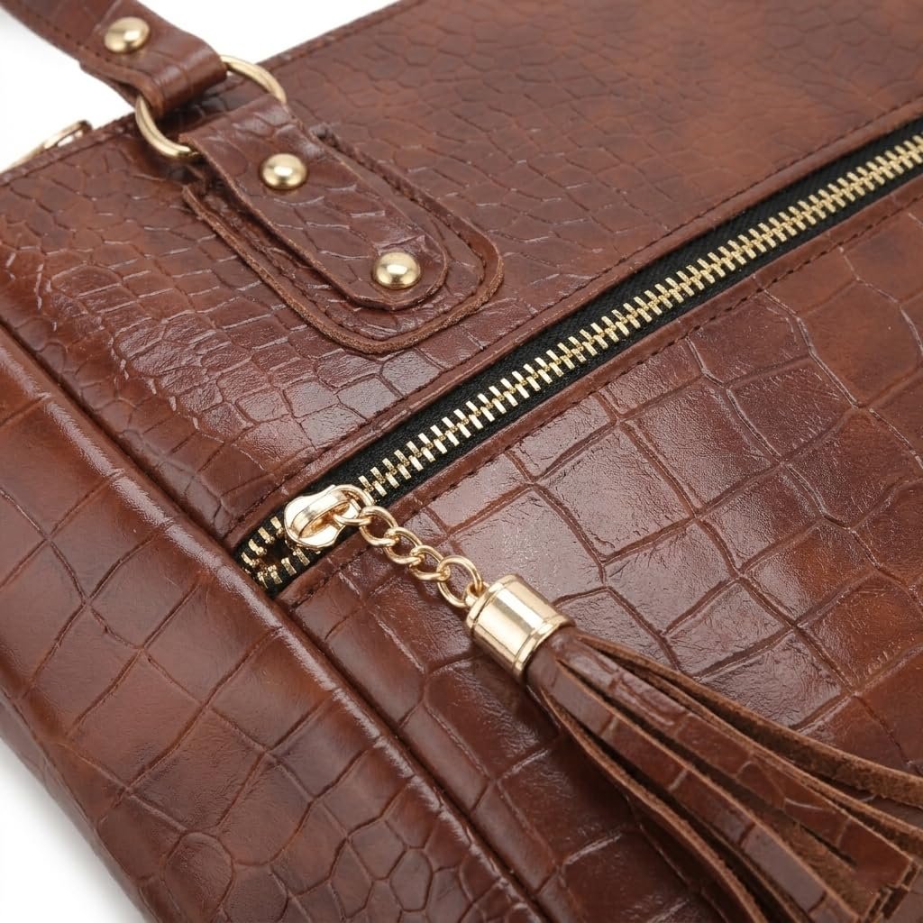 AVÉRAA Women Handbag Combo Set (Medium + Mini) Croco Texture Faux Leather Handbag & Sling Bag, Spacious Zipper Closure, Adjustable Strap, Office Travel Shopping Shoulder Bags for Women (Brown/Black) - Image 2