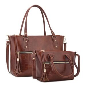 AVÉRAA Women Handbag Combo Set (Medium + Mini) Croco Texture Faux Leather Handbag & Sling Bag, Spacious Zipper Closure, Adjustable Strap, Office Travel Shopping Shoulder Bags for Women (Brown/Black)